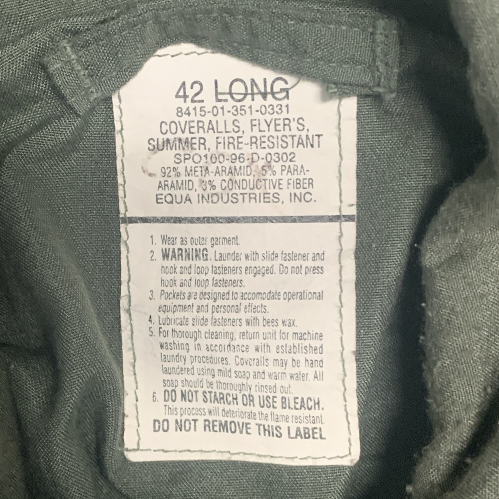 Military Flight Suit Flyer's Summer Coveralls Fire Resistant 42 Long Sage Green - Picture 12 of 16